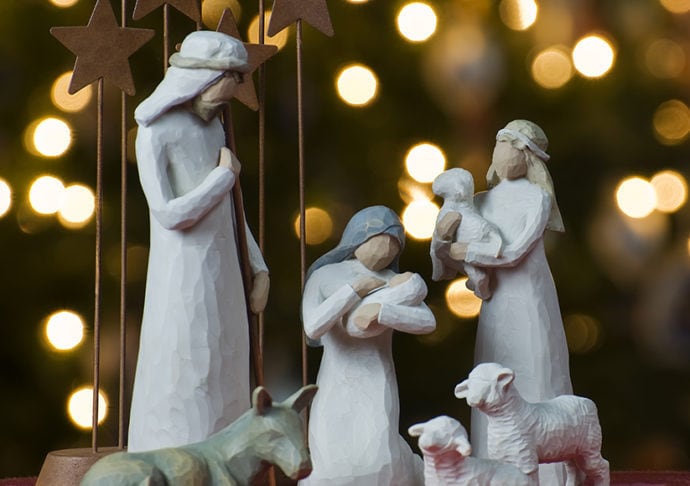Depiction of nativity with Christmas tree backdrop by Jeff Weese