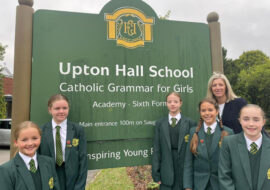 Upton Hall School headteacher Andrea Gaunt celebrates the school’s ‘outstanding’ status with students